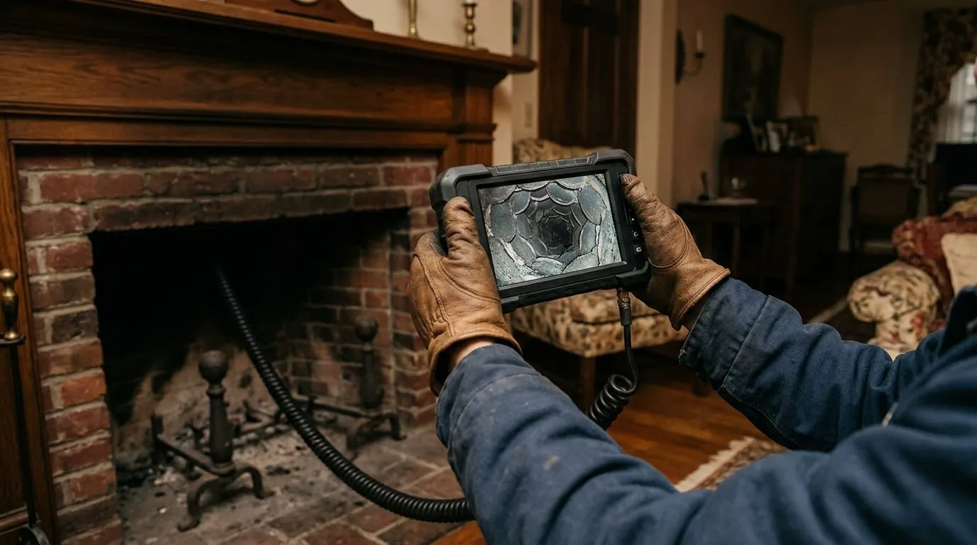 A chimney sweep’s inspection camera monitor showing the inside of a flue during a sweep.