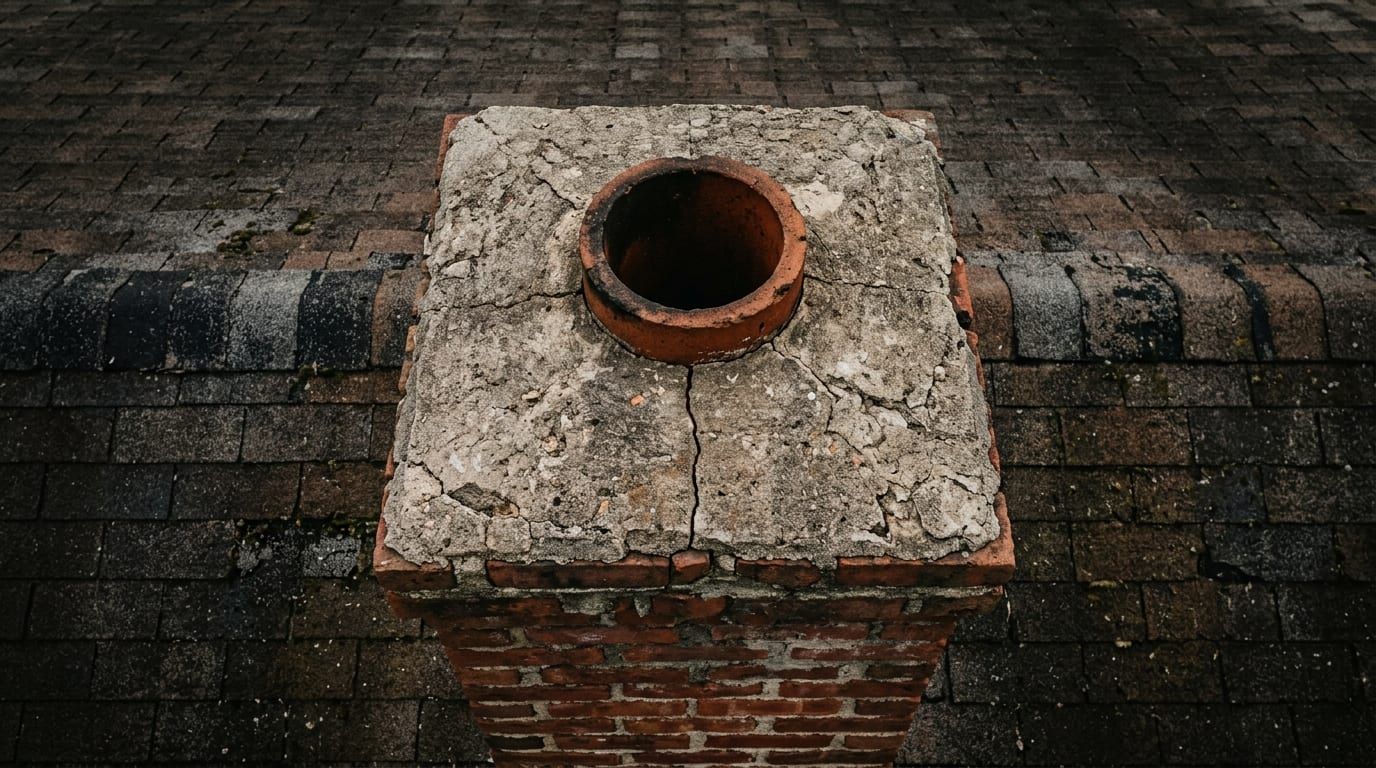 A weathered concrete chimney crown with its clay pot, cracks running to the edge