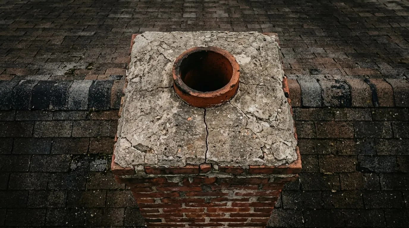 A cracked, weathered concrete chimney crown