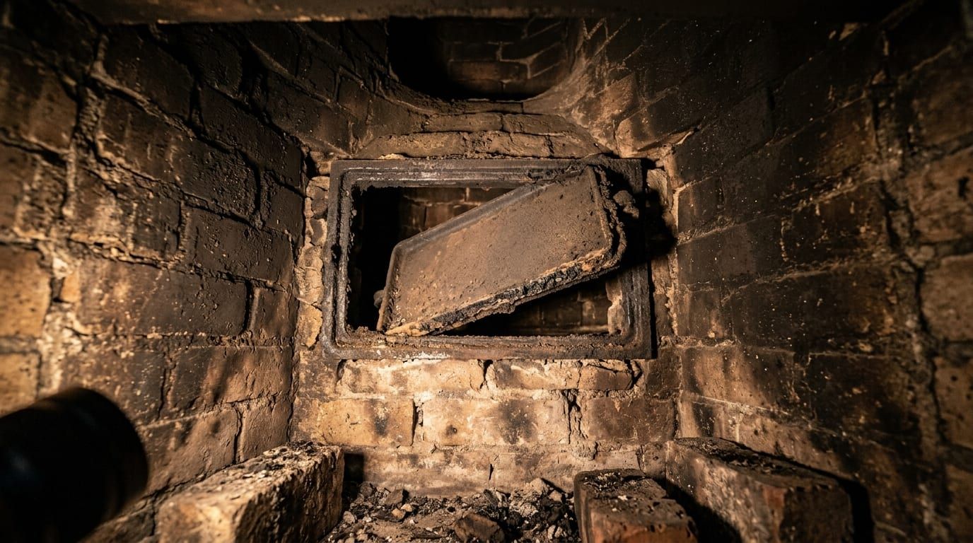 An open damper seen from inside a sooted smoke chamber