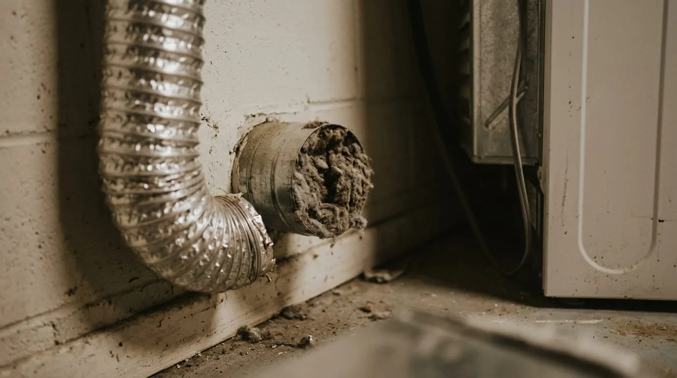 Lint packed along the inside of a dryer vent run