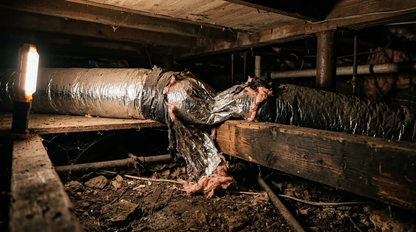 A length of flexible duct crushed flat under stored boxes in a Bridgewater attic, cutting off airflow to the room below.
