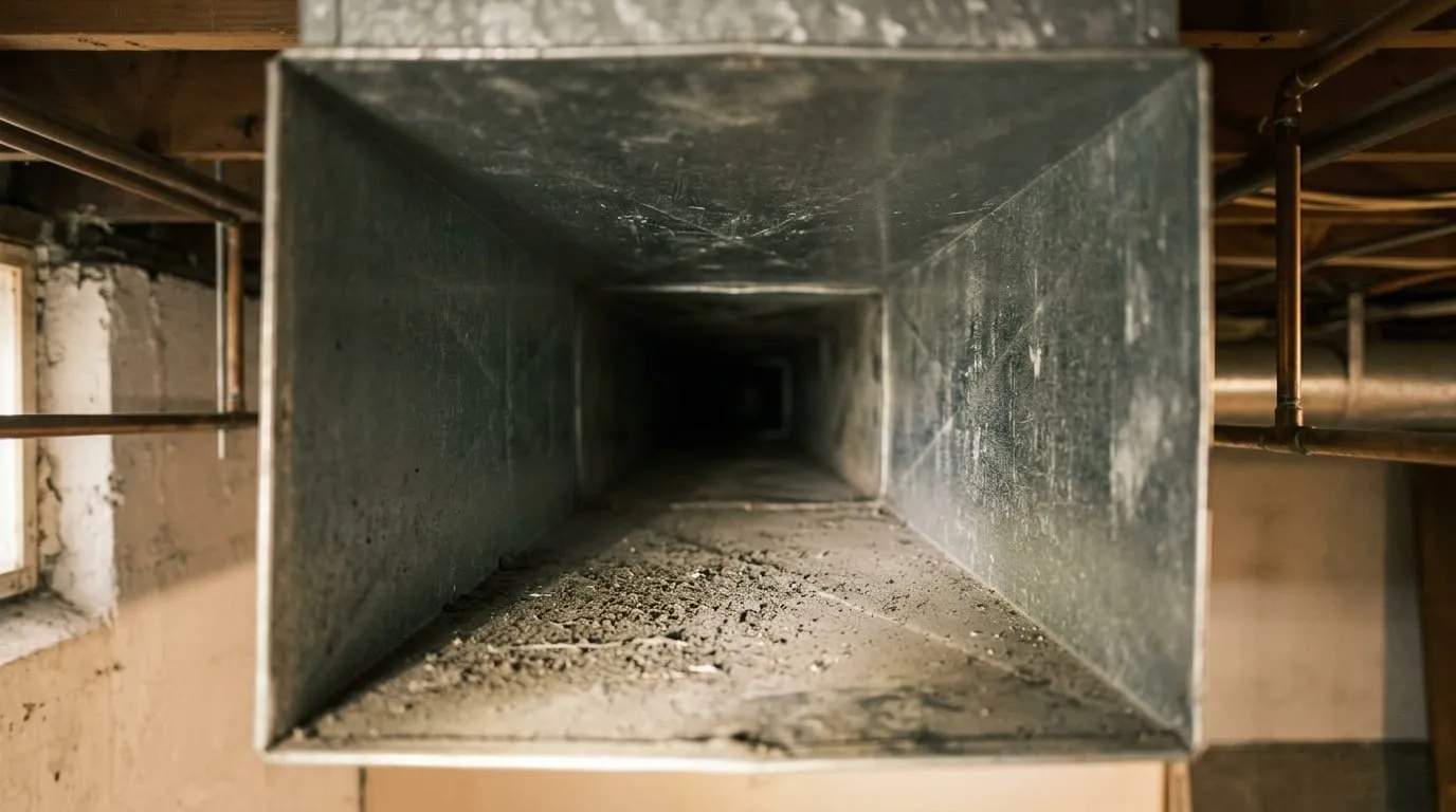 A camera’s view down the inside of a residential supply duct