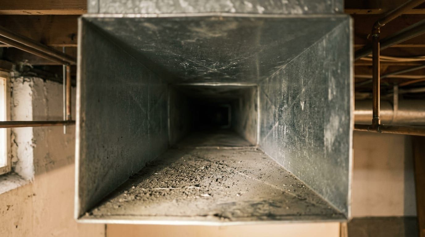 The interior of a home’s air duct, photographed during a cleaning and inspection.