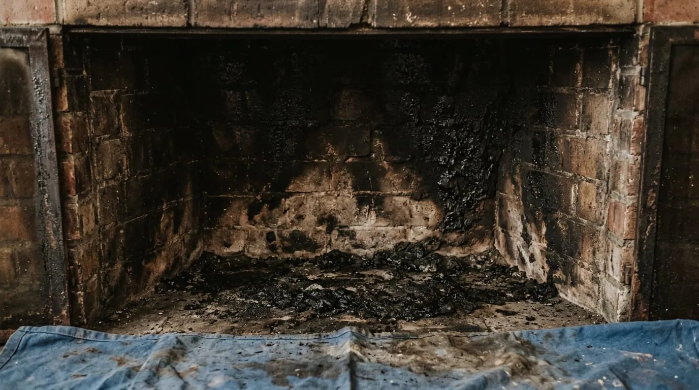 A sooted firebox coated in built-up creosote before cleaning