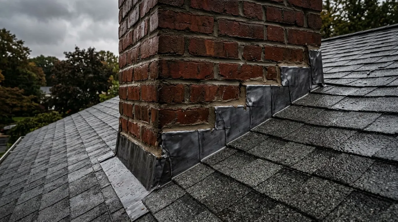 New metal flashing being fitted around the chimney base where it meets the roofline