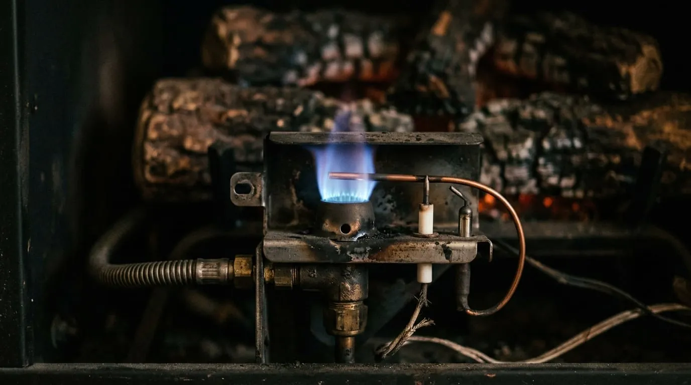Gas appliance pilot and burner assembly connected to a chimney vent after a fuel conversion