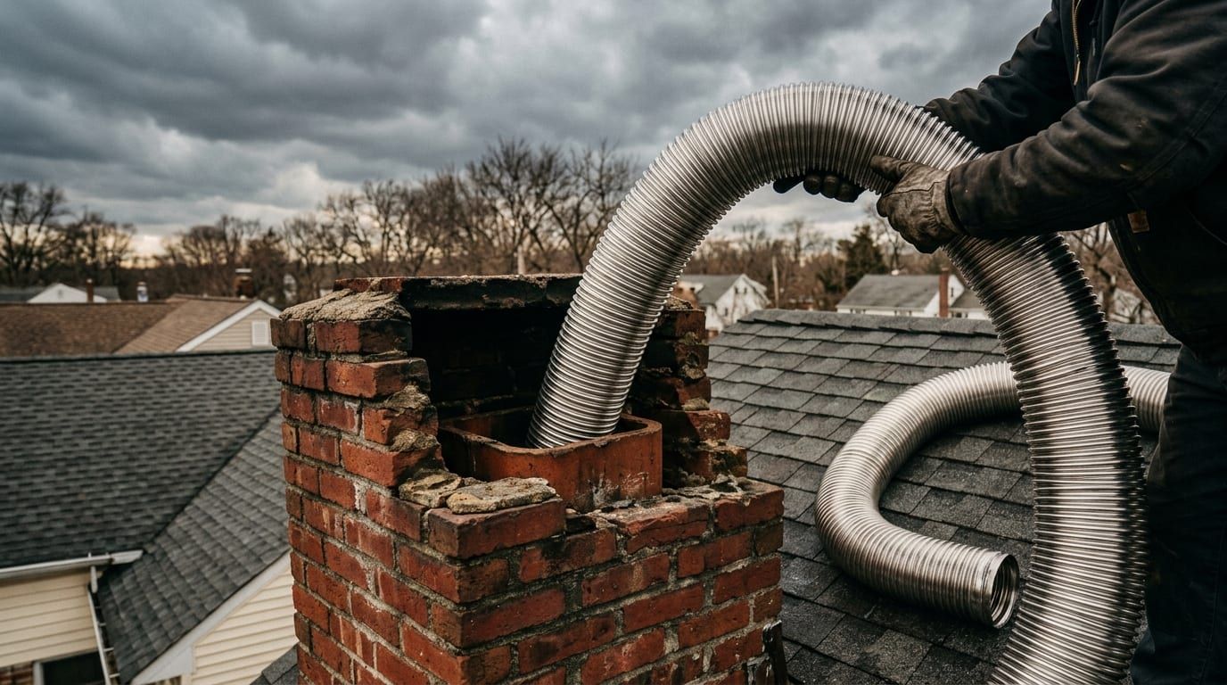 A technician feeding a corrugated stainless liner into a brick chimney from the roof